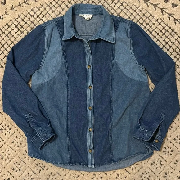 Ba&sh Ianis Mixed Denim Long Sleeve Button Front Collared Shirt Sz L - Picture 1 of 11